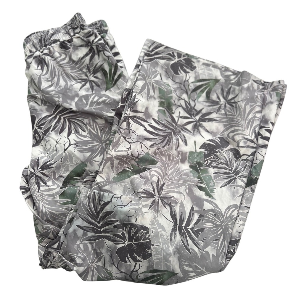 Tropical Leaf Print Wide Leg Pants Grey Green Elastic Waist Drawstring Regular